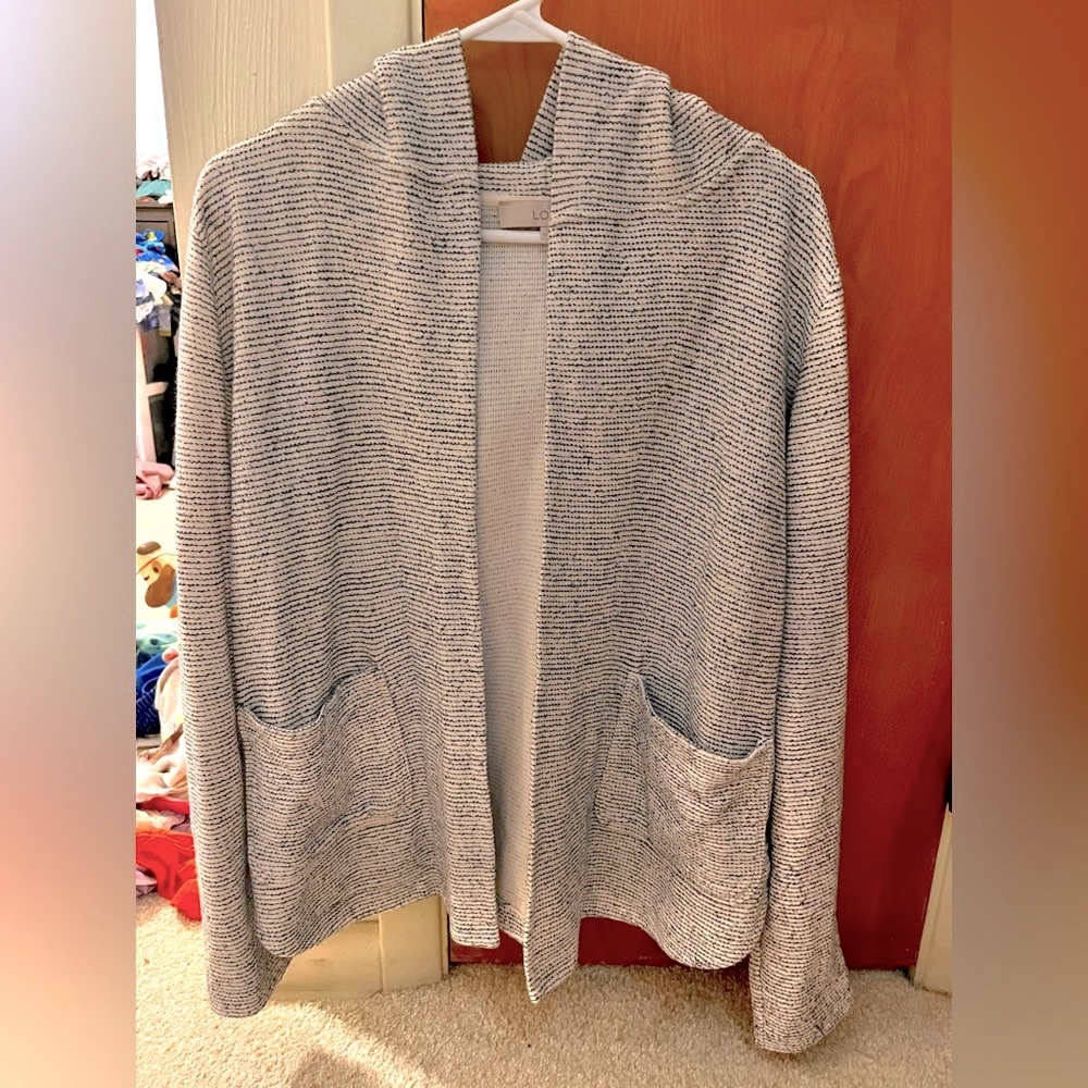Vintage LOFT Cream and Navy Knit Cardigan, Lightweight, Pockets, Size M, EUC